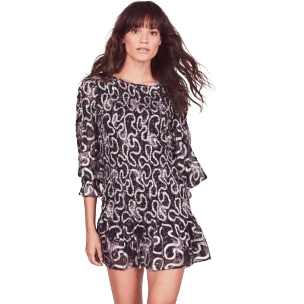 LoveShackFancy Scarlett Chiffon Geometric Mini Dress Navy Cosmo Print Size M
